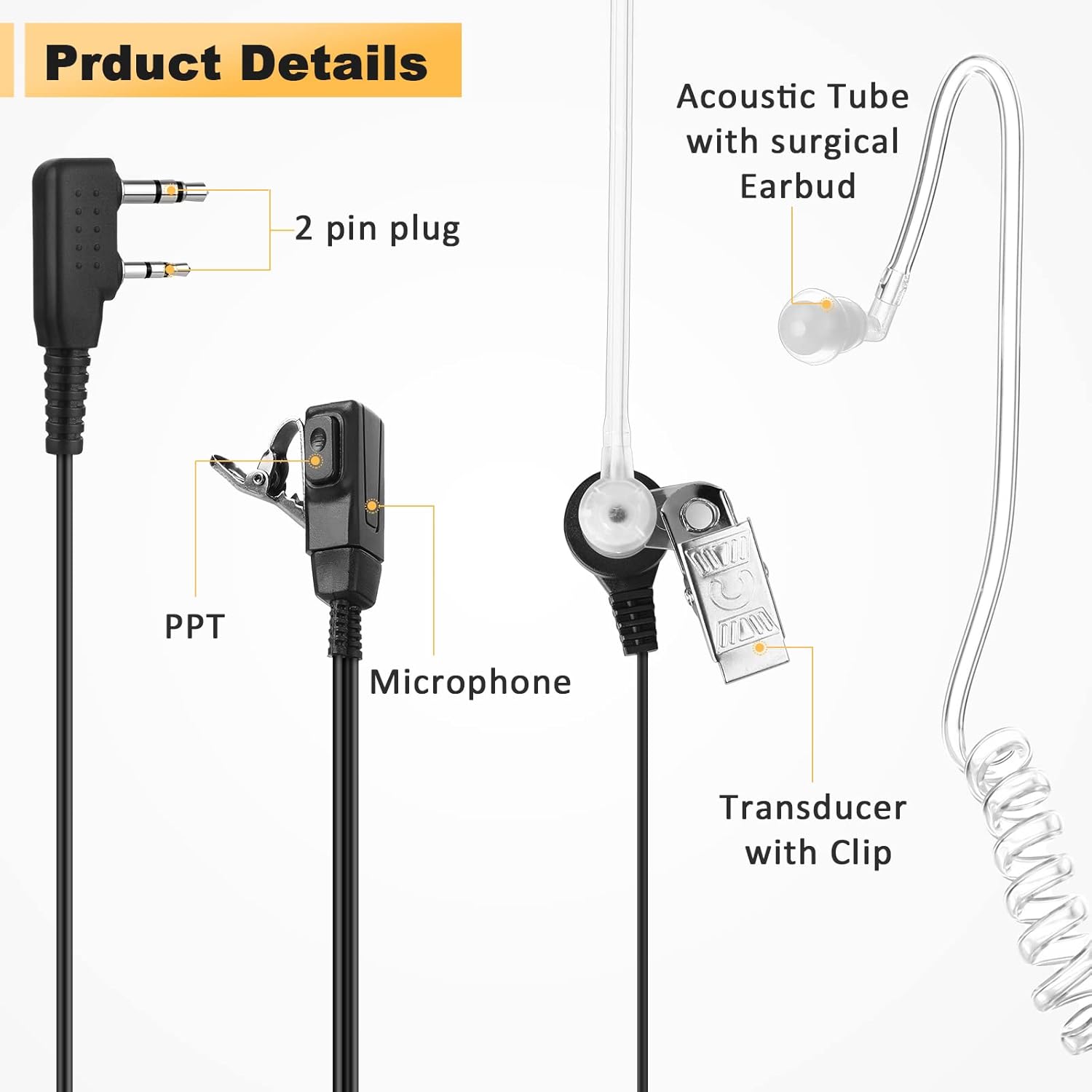 Baofeng Air Acoustic Tube Earphone 2 Pin Headset Mic for Walkie Talkie (Pack OF-20)