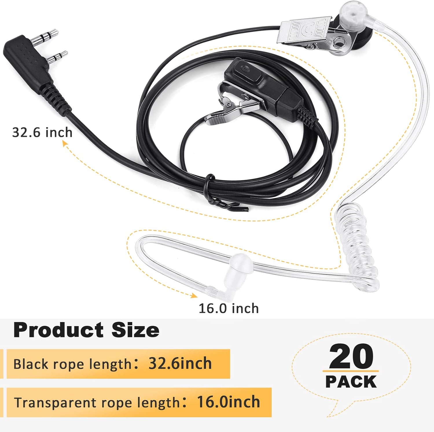 Baofeng Air Acoustic Tube Earphone 2 Pin Headset Mic for Walkie Talkie (Pack OF-20)